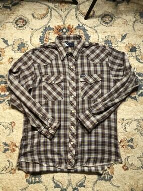 Wrangler Shirt Mens Large Brown Plaid Western Pearl Snap Long Sleeve Made in USA